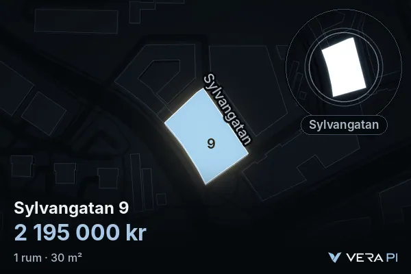 VERA PI's image of Sylvangatan 9: the building in 3D, lit in blue, and the map around it