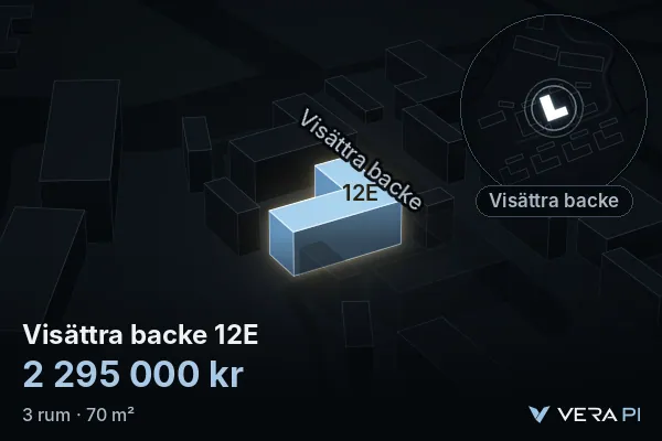 VERA PI's image of Visättra backe 12E: the building in 3D, lit in blue, and the map around it