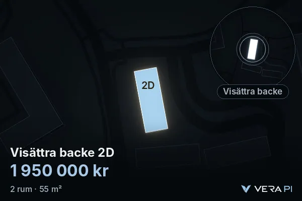 VERA PI:s bild av Visättra backe 2D: huset i 3D, upplyst i blått, och kartan runt omkring