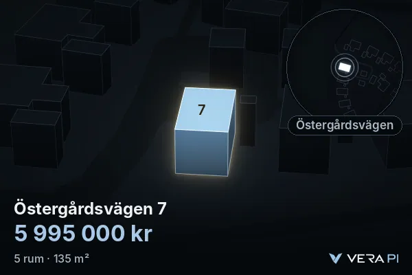 VERA PI:s bild av Östergårdsvägen 7: huset i 3D, upplyst i blått, och kartan runt omkring