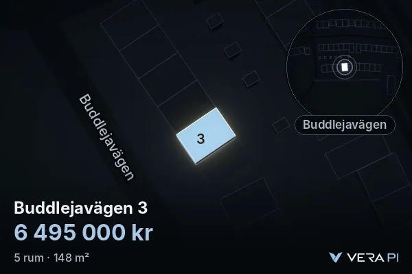 VERA PI's image of Buddlejavägen 3: the building in 3D, lit in blue, and the map around it
