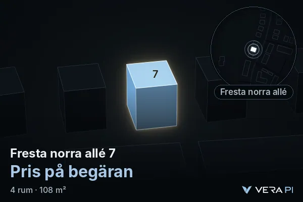 VERA PI:s bild av Fresta norra allé 7: huset i 3D, upplyst i blått, och kartan runt omkring