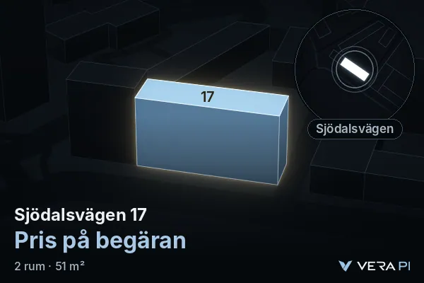 VERA PI:s bild av Sjödalsvägen 17: huset i 3D, upplyst i blått, och kartan runt omkring