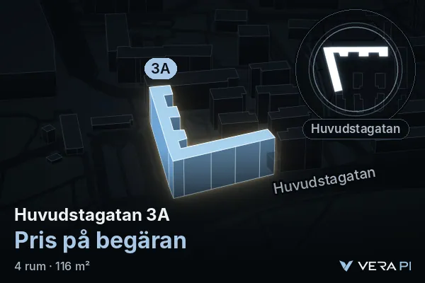 VERA PI's image of Huvudstagatan 3A: the building in 3D, lit in blue, and the map around it