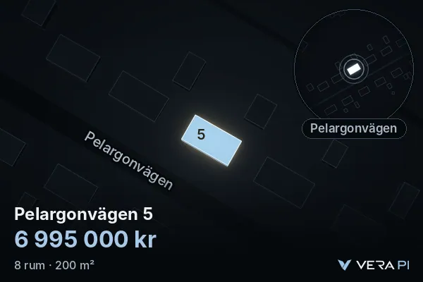 VERA PI:s bild av Pelargonvägen 5: huset i 3D, upplyst i blått, och kartan runt omkring