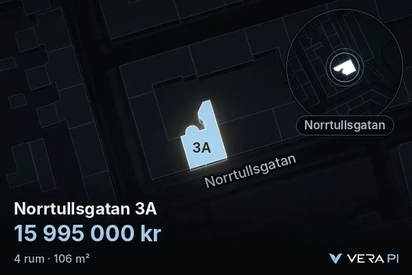VERA PI:s bild av Norrtullsgatan 3A: huset i 3D, upplyst i blått, och kartan runt omkring