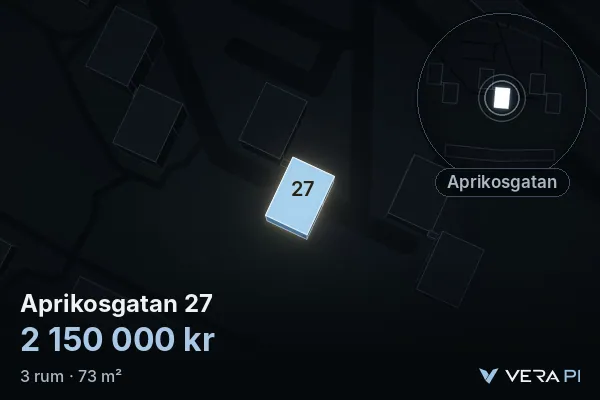 VERA PI:s bild av Aprikosgatan 27: huset i 3D, upplyst i blått, och kartan runt omkring