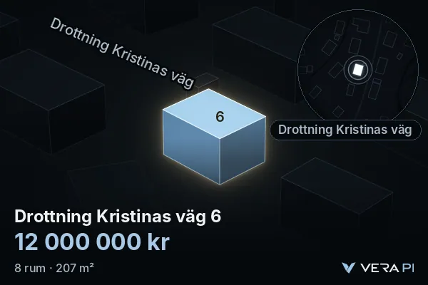 VERA PI:s bild av Drottning Kristinas väg 6: huset i 3D, upplyst i blått, och kartan runt omkring