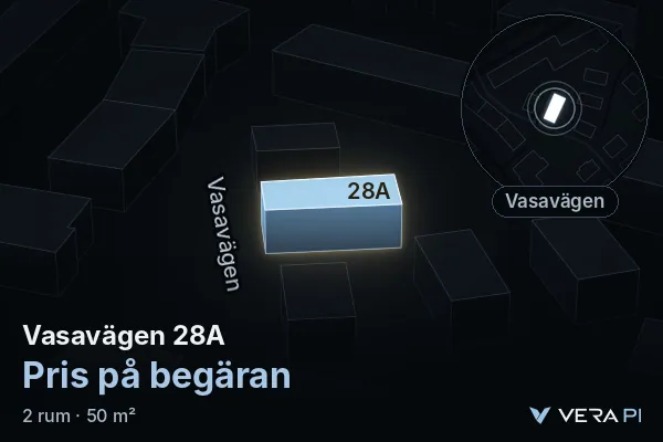 VERA PI's image of Vasavägen 28A: the building in 3D, lit in blue, and the map around it