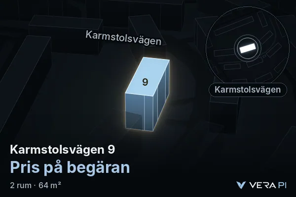 VERA PI's image of Karmstolsvägen 9: the building in 3D, lit in blue, and the map around it