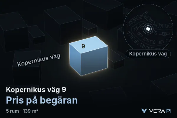 VERA PI's image of Kopernikus väg 9: the building in 3D, lit in blue, and the map around it