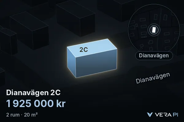 VERA PI's image of Dianavägen 2C: the building in 3D, lit in blue, and the map around it