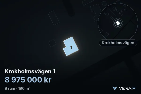 VERA PI:s bild av Krokholmsvägen 1: huset i 3D, upplyst i blått, och kartan runt omkring