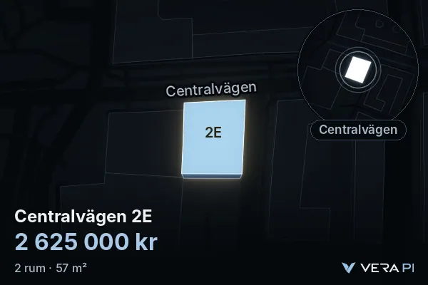 VERA PI:s bild av Centralvägen 2E: huset i 3D, upplyst i blått, och kartan runt omkring