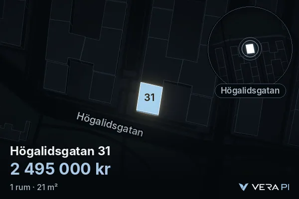 VERA PI:s bild av Högalidsgatan 31: huset i 3D, upplyst i blått, och kartan runt omkring