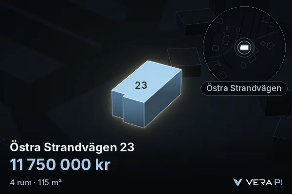 VERA PI:s bild av Östra Strandvägen 23: huset i 3D, upplyst i blått, och kartan runt omkring