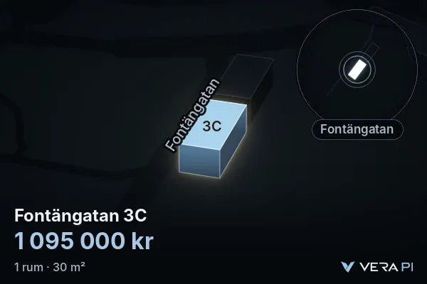 VERA PI:s bild av Fontängatan 3C: huset i 3D, upplyst i blått, och kartan runt omkring