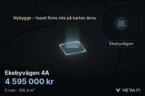 VERA PI:s bild av Ekebyvägen 4A: huset i 3D, upplyst i blått, och kartan runt omkring