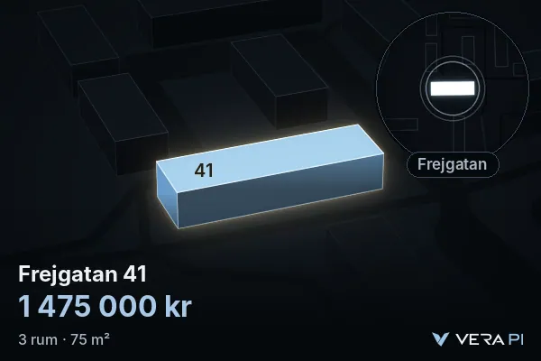 VERA PI's image of Frejgatan 41: the building in 3D, lit in blue, and the map around it