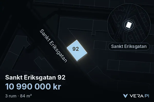 VERA PI:s bild av Sankt Eriksgatan 92: huset i 3D, upplyst i blått, och kartan runt omkring
