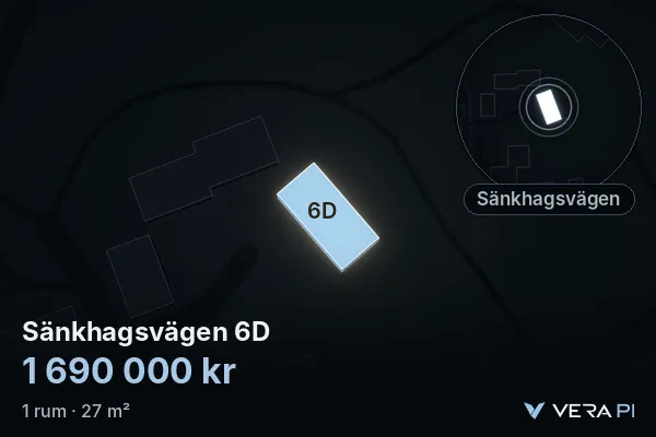 VERA PI's image of Sänkhagsvägen 6D: the building in 3D, lit in blue, and the map around it