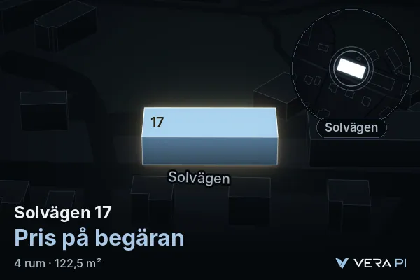 VERA PI:s bild av Solvägen 17: huset i 3D, upplyst i blått, och kartan runt omkring