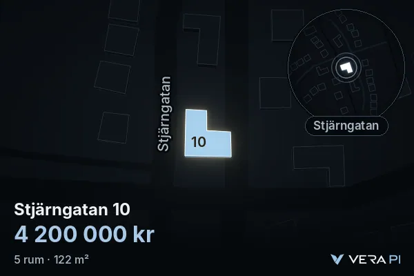 VERA PI's image of Stjärngatan 10: the building in 3D, lit in blue, and the map around it