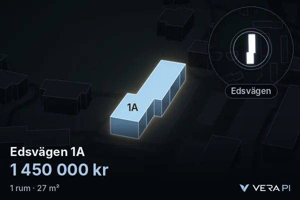 VERA PI:s bild av Edsvägen 1A: huset i 3D, upplyst i blått, och kartan runt omkring
