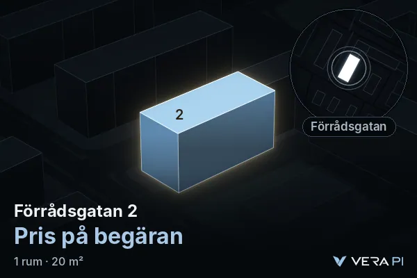 VERA PI's image of Förrådsgatan 2: the building in 3D, lit in blue, and the map around it