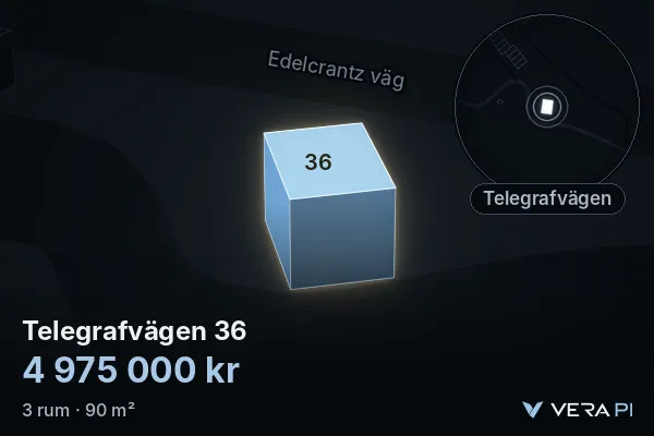 VERA PI:s bild av Telegrafvägen 36: huset i 3D, upplyst i blått, och kartan runt omkring