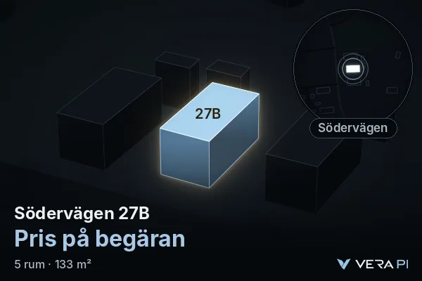 VERA PI:s bild av Södervägen 27B: huset i 3D, upplyst i blått, och kartan runt omkring