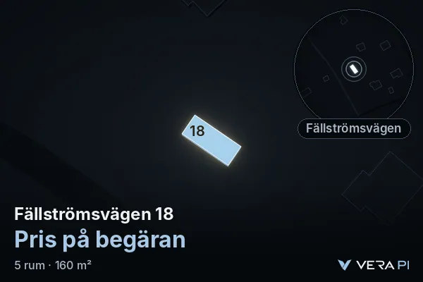 VERA PI:s bild av Fällströmsvägen 18: huset i 3D, upplyst i blått, och kartan runt omkring