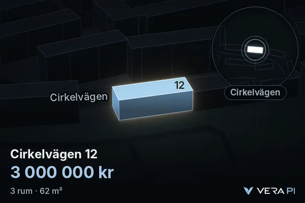 VERA PI's image of Cirkelvägen 12: the building in 3D, lit in blue, and the map around it