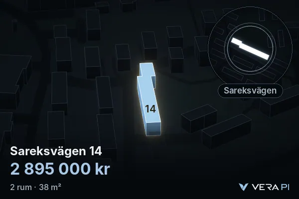 VERA PI's image of Sareksvägen 14: the building in 3D, lit in blue, and the map around it