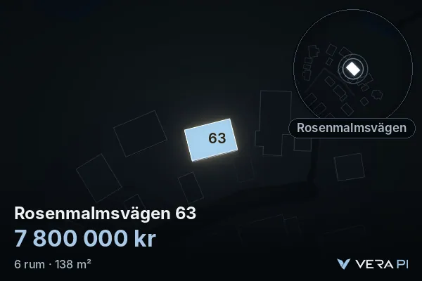VERA PI:s bild av Rosenmalmsvägen 63: huset i 3D, upplyst i blått, och kartan runt omkring