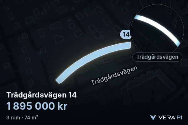 VERA PI:s bild av Trädgårdsvägen 14: huset i 3D, upplyst i blått, och kartan runt omkring