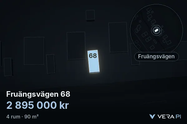 VERA PI:s bild av Fruängsvägen 68: huset i 3D, upplyst i blått, och kartan runt omkring