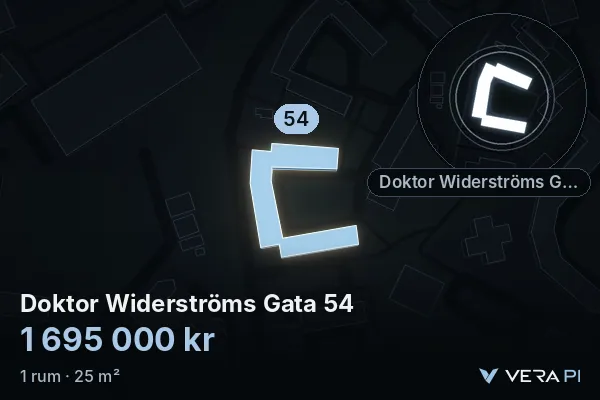 VERA PI:s bild av Doktor Widerströms Gata 54: huset i 3D, upplyst i blått, och kartan runt omkring