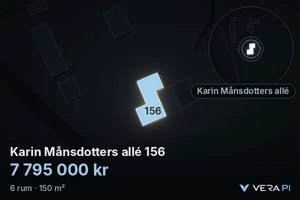 VERA PI's image of Karin Månsdotters allé 156: the building in 3D, lit in blue, and the map around it