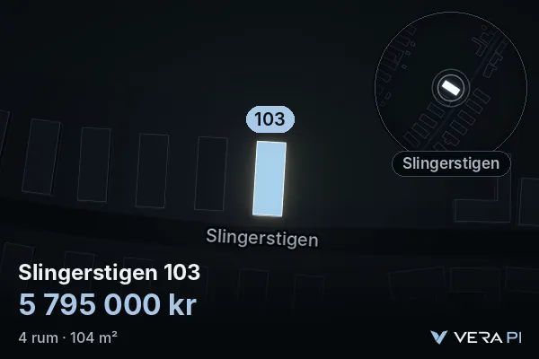 VERA PI's image of Slingerstigen 103: the building in 3D, lit in blue, and the map around it