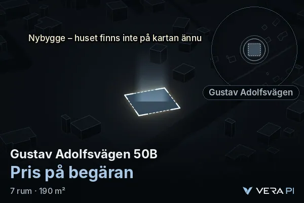 VERA PI:s bild av Gustav Adolfsvägen 50B: huset i 3D, upplyst i blått, och kartan runt omkring