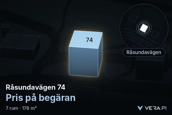VERA PI:s bild av Råsundavägen 74: huset i 3D, upplyst i blått, och kartan runt omkring