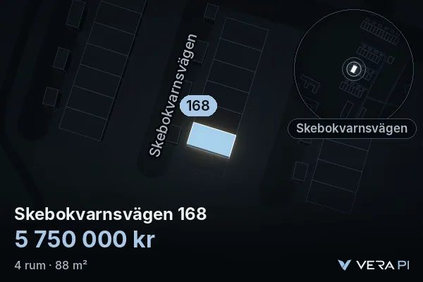VERA PI:s bild av Skebokvarnsvägen 168: huset i 3D, upplyst i blått, och kartan runt omkring