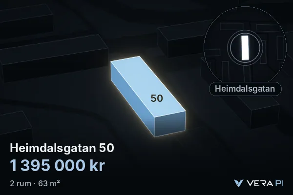 VERA PI's image of Heimdalsgatan 50: the building in 3D, lit in blue, and the map around it