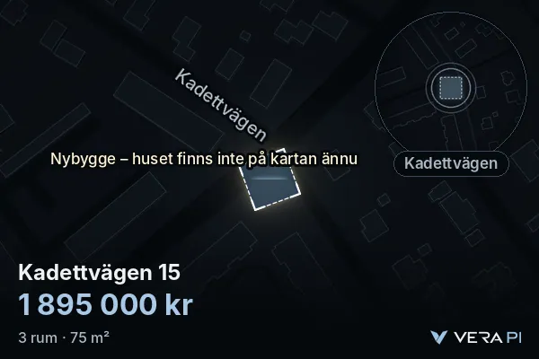 VERA PI's image of Kadettvägen 15: the building in 3D, lit in blue, and the map around it