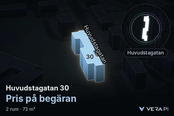 VERA PI:s bild av Huvudstagatan 30: huset i 3D, upplyst i blått, och kartan runt omkring