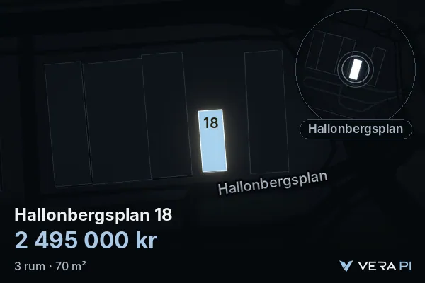 VERA PI:s bild av Hallonbergsplan 18: huset i 3D, upplyst i blått, och kartan runt omkring