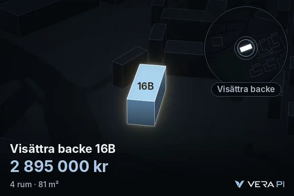 VERA PI:s bild av Visättra backe 16B: huset i 3D, upplyst i blått, och kartan runt omkring