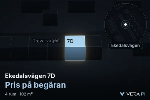 VERA PI's image of Ekedalsvägen 7D: the building in 3D, lit in blue, and the map around it