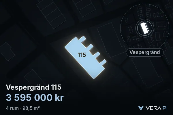 VERA PI's image of Vespergränd 115: the building in 3D, lit in blue, and the map around it